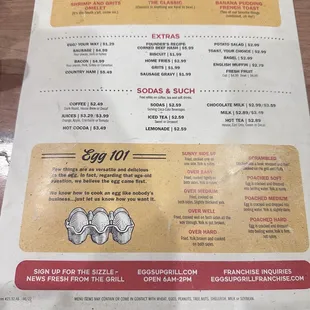 a menu for eggs up grill