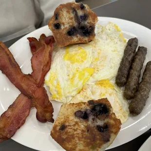 Traditional eggs, bacon &amp; sausage links. The blueberry muffin is the game changer! Perfectly crisp from the grill!