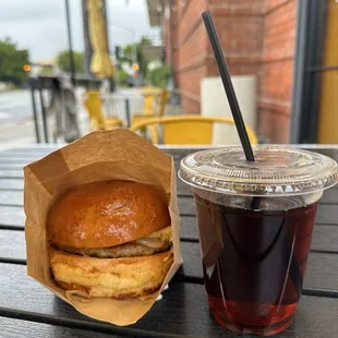 D Street Sausage Sandwich and ice coffee