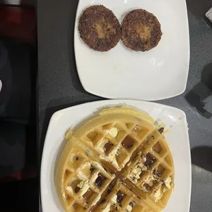 Chocolate chip waffle and sausage