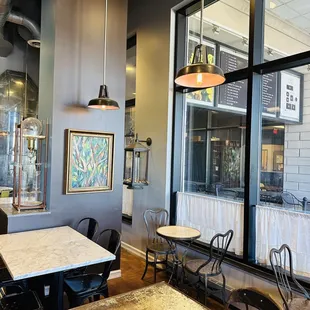 a table and chairs in a restaurant