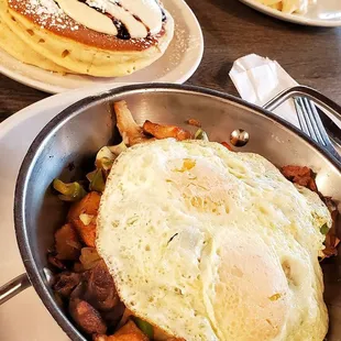 Steak Skillet with cinnamon pancakes and a side of biscuits and gravy