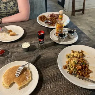 *Pancakes, *The Ranchero Omelet, and *Corned Beef Hash &amp; Eggs. All yummy!