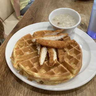 Tasty Chicken and waffles with a side of gravy!