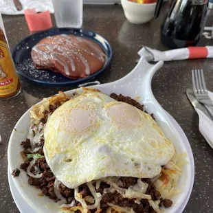 Chorizo Skillet with Red Velvet Pancakes