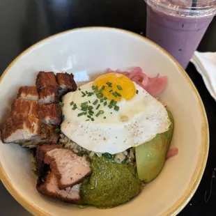 Pork Belly Rice Bowl+ açaí protein shake