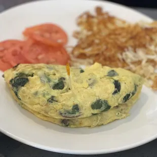 an omelet with spinach and tomatoes