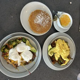 Chicken Carnitas Skillet, Pancake Side, Santa Fe Skillet, Grits