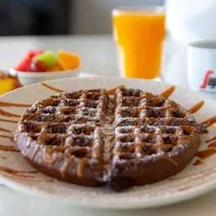 Chocolate waffle topped with biscoff