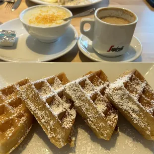 Waffles, cheese grits, and a mocha latte