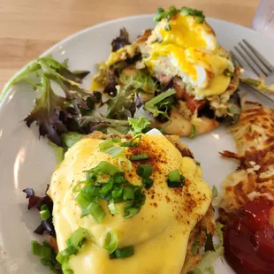 Crab Cake Benedict with fresh hashbrowns.
