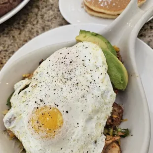 Chicken carnitas skillet with pancake side...