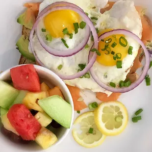 Now Open for Breakfast and Lunch:  Salmon lox on whole grain toast with tomato, onion and eggs