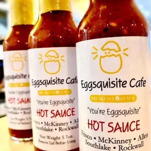 Homemade hot sauce - secret ingredients!   Available for you here and also take some home.  Delicious on eggs, avocado toasts and more!