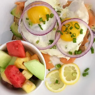 Now Open for Breakfast and Lunch - Salmon loxs, capers, avocado on top of whole grain toast and 2 farm fresh eggs.
