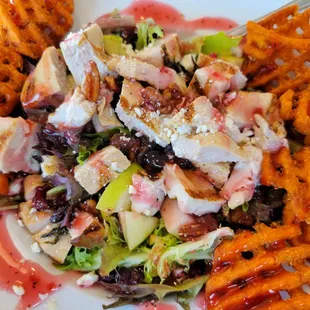 The gourmet Chicken Apple Pecan salad with sweet potato fries add-on. The Best!