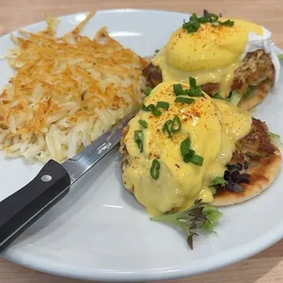Crab cake Benedict and hash browns