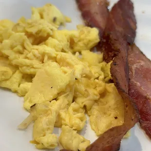 Soft scrambled (kinda) eggs and bacon.