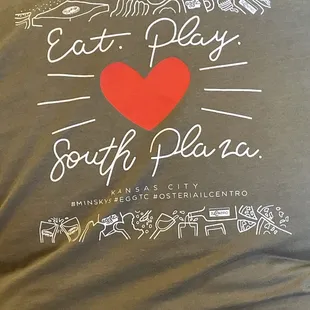 T-shirt &amp; mural on outside of the building of 3 adjoining very different KC restaurants, Eggtc., Minsky's, Osteria il Centro, jointly owned.