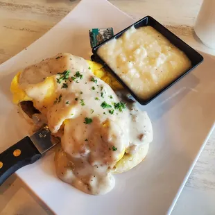 Southern Benedict with fluffy scrambled eggs and grits