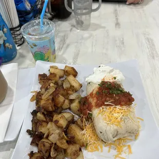 Breakfast burrito with potatoes.