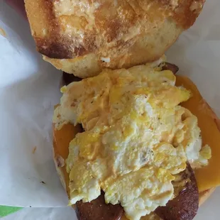 Scrambled Eggs, Hot Sausage, Cheddar Cheese