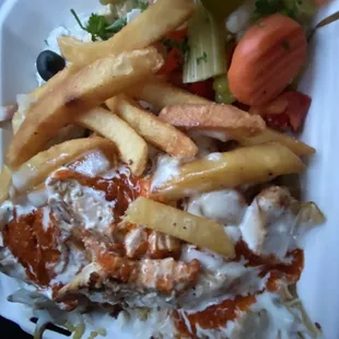 Chicken Over Rice Platter w fries tzatziki hummus pickled vegetables n I got a side of pita. $16 and like 3 meals worth of deliciousness
