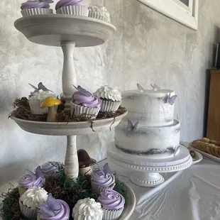 three tiered cupcakes on a cake stand