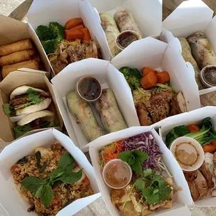 Saigon Roll, Basil Duck Fried Rice, chicken satay rice,egg rolls, chashupork buns