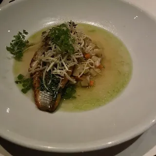 Filet of Mediterranean Branzino, Braised Black Rice, Crunchy Celery, Caraway Seeds