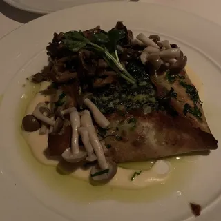 Parisian Crêpe, Gluten-free, Sautéed Greens, Wild Mushrooms, Cave Aged Gruyère