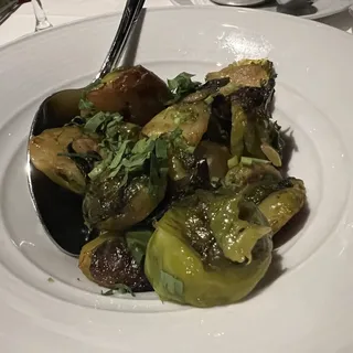 Roasted Brussels Sprouts, Chestnuts, Bacon Lardon