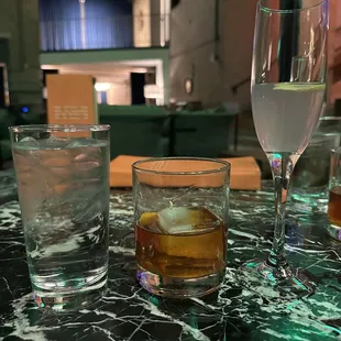 three glasses of water and a glass of wine