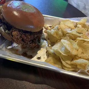 Railyard chicken sandwich - buttermilk fried chicken, jalapeño-lime slaw with aïoli + hot honey brioche bun