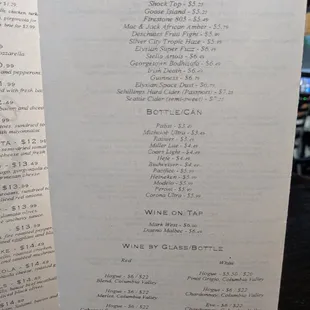 Beer and Wine menu.