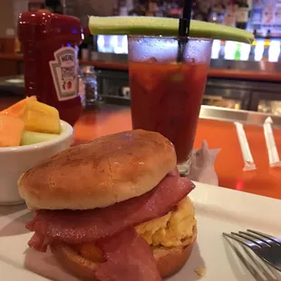 Ham and Cheese Breakfast Sandwich with a Spicy bloody Mary