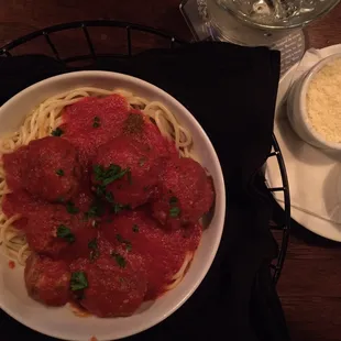Spaghetti &amp; meatballs! Parmesan cheese &amp; peppers
