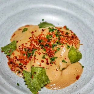 Stinging nettles agnolotti stuffed with chanterelle mushrooms, requeson cheese and chestnut