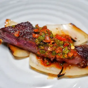 Wagyu ribeye with burnt walla walla onions and Ranier cherry chimichurri