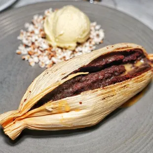 Chocolate tamale with dulce de leche, popped sorghum and a sunchokes ice cream