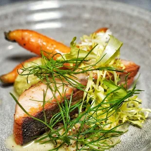 Seared steelhead with charred carrots, fennel, pipian verde and citrus sabayon