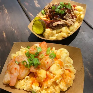 Shrimp mac and cheese Pulled pork mac and cheese
