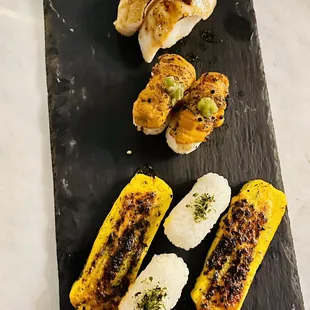 Tamago Nigiri, Uni Nigiri, and Hamachi Nigiri