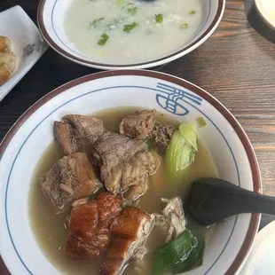 Beef and duck noodle soup and fish congee