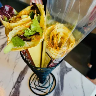 Chicken Thai Crepe (spicy cilantro sauce) &amp; Philly Cheesesteak Crepe