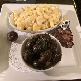 CENTER CUT FILET split with Mushrooms and Mac and Cheese.