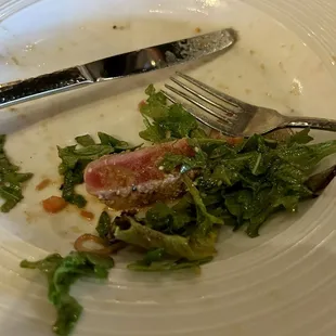 Flavorful and seared perfectly, this large Ahi Tuna salad with a lovely vinaigrette easily allowed us to share before our entrees arrived.