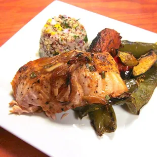 Red snapper with corn and quinoa salad, roasted vegetables