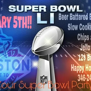 PreBook your Super Bowl Party for Dueling Shots! Each team gets a round of shots every time your team scores!