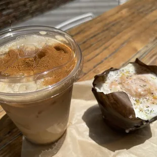 Spanish latte with oat milk and lemon poppy muffin. Yum!